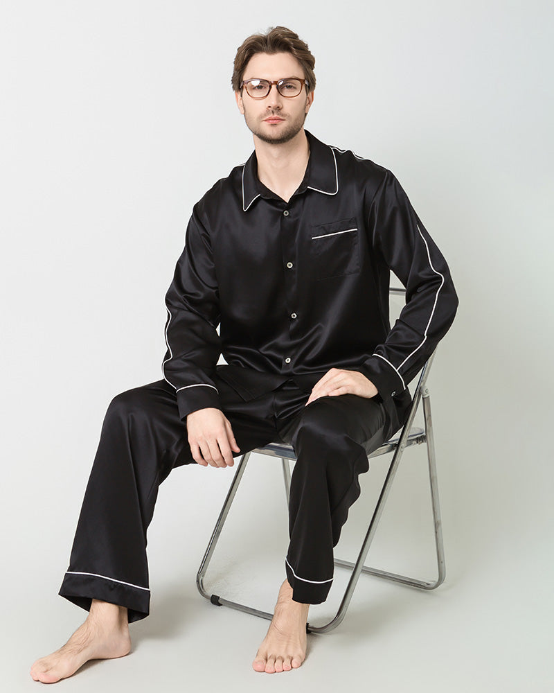 Men's Silk Contrast Piping Pajamas Black