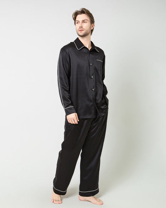 Men's Silk Contrast Piping Pajamas Black