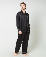 Men's Silk Contrast Piping Pajamas Black