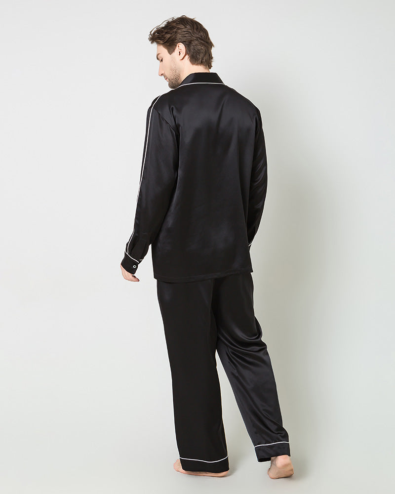 Men's Silk Contrast Piping Pajamas Black