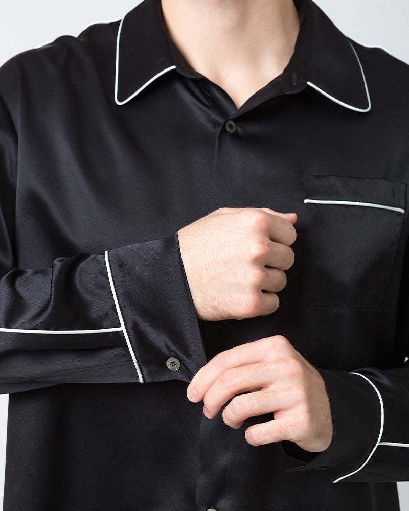 Men's Silk Contrast Piping Pajamas Black
