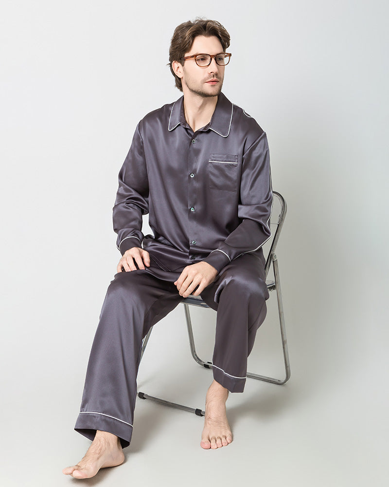 Men's Silk Contrast Piping Pajamas Grey