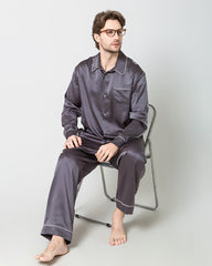 Men's Silk Contrast Piping Pajamas Grey