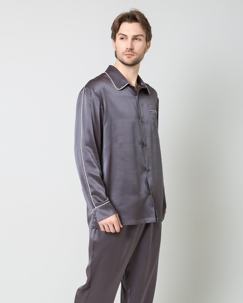 Men's Silk Contrast Piping Pajamas Grey