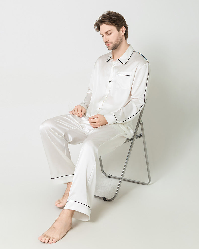 Men's Silk Contrast Piping Pajamas White