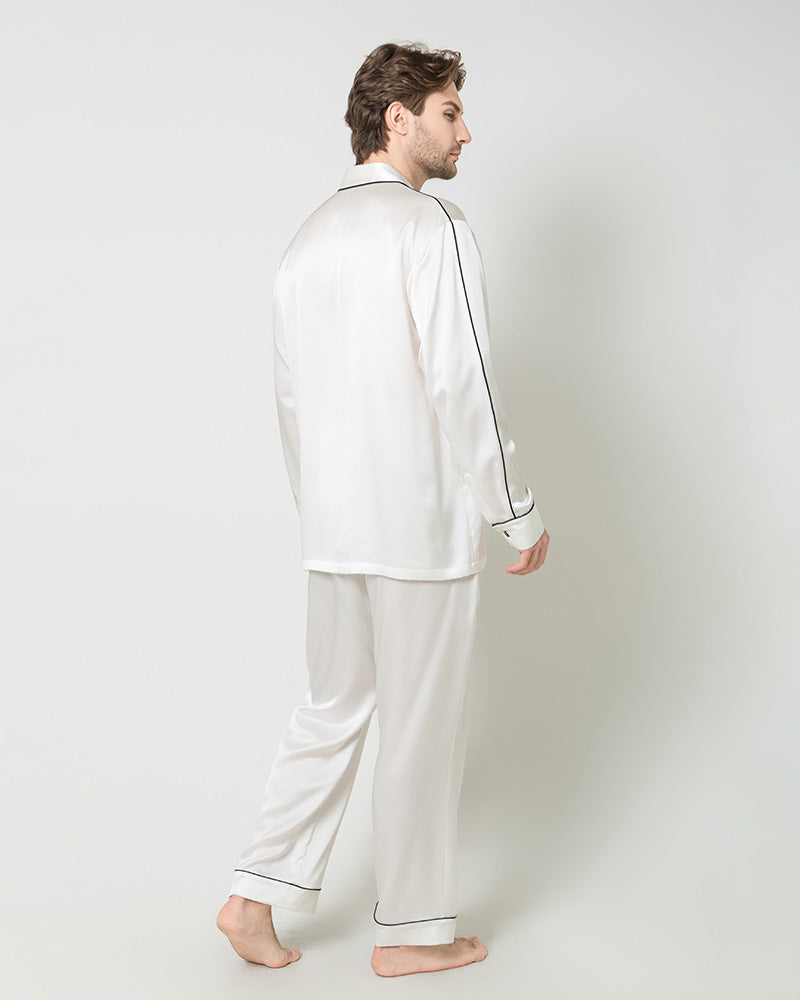 Men's Silk Contrast Piping Pajamas White
