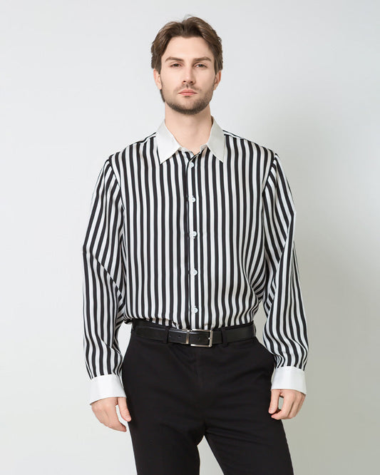 Men's Silk Striped White Collar&Cuffs Shirt Black