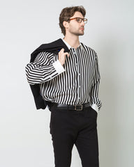 Men's Silk Striped White Collar&Cuffs Shirt Black