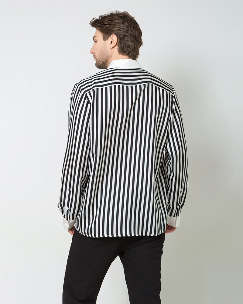 Men's Silk Striped White Collar&Cuffs Shirt Black
