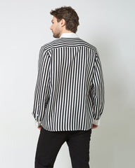 Men's Silk Striped White Collar&Cuffs Shirt Black