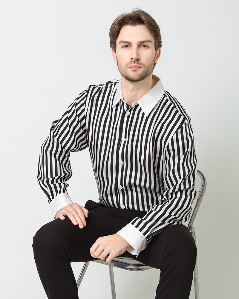 Men's Silk Striped White Collar&Cuffs Shirt Black