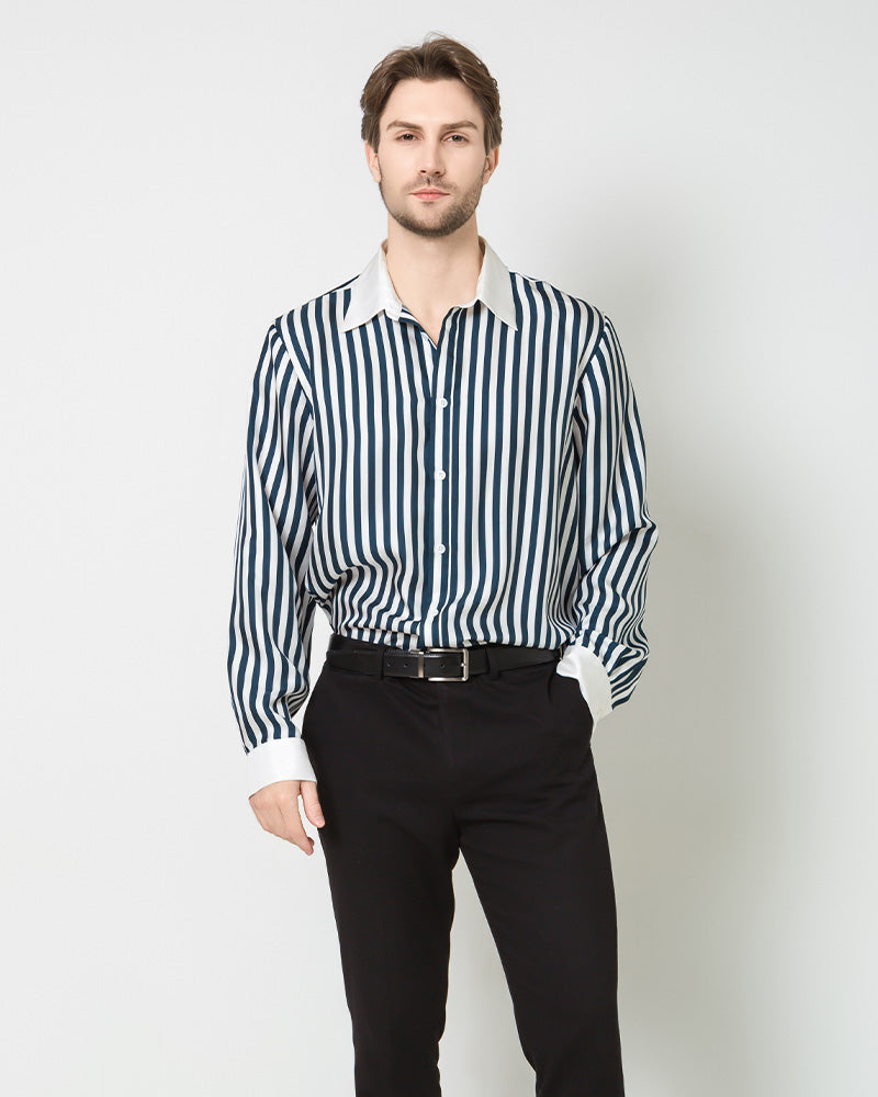 Men's Silk Striped White Collar&Cuffs Shirt Navy