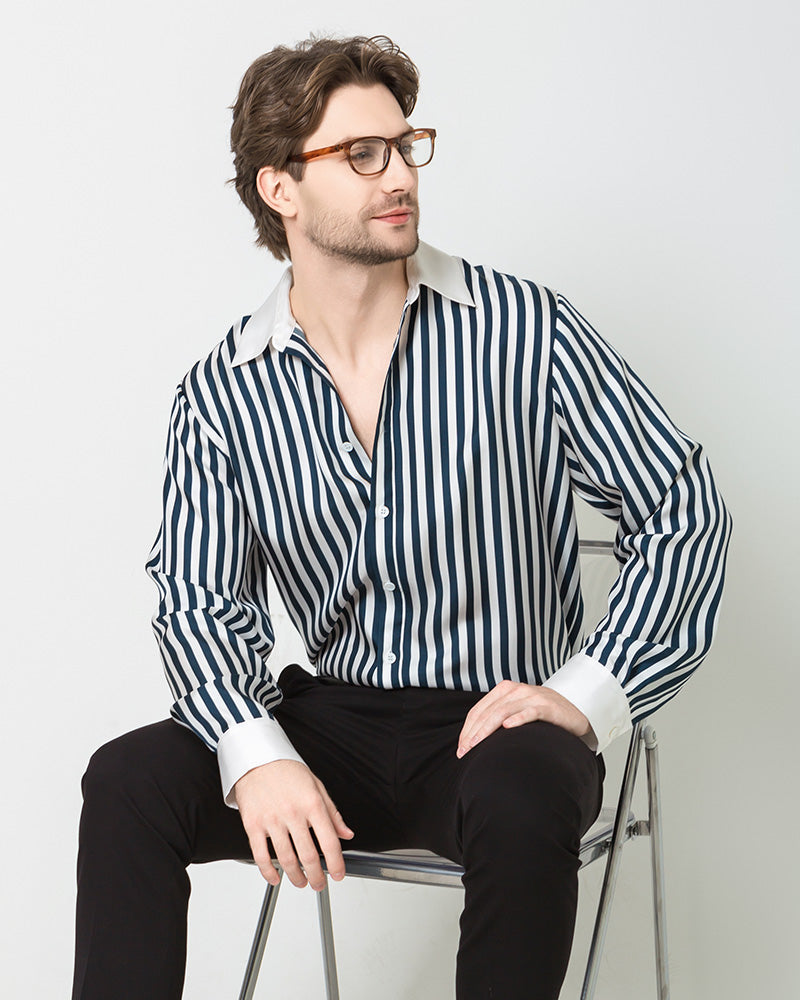 Men's Silk Striped White Collar&Cuffs Shirt Navy