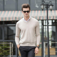 Men's V Neck Collar Business Cashmere Sweater Beige
