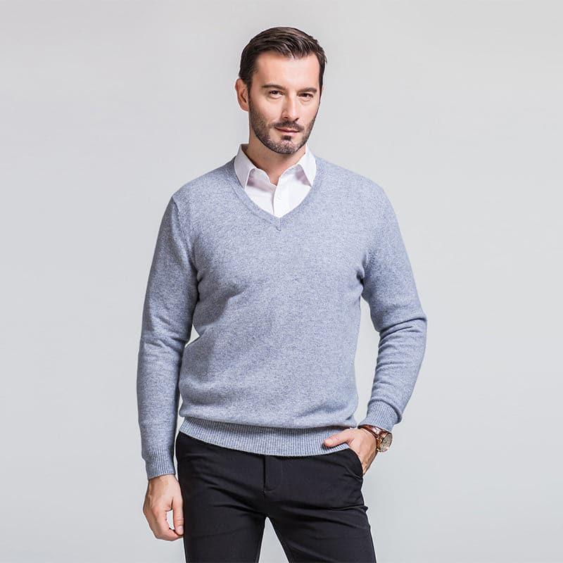Men's V Neck Collar Business Cashmere Sweater Grey