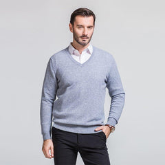 Men's V Neck Collar Business Cashmere Sweater Grey