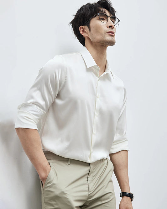 Mens Washable Silk Shirt Long Sleeve Classic Button Down