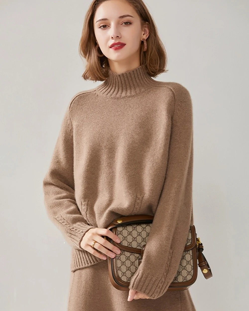 Mock Neck Cable Knit Cashmere Sweater Brown