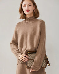 Mock Neck Cable Knit Cashmere Sweater Brown