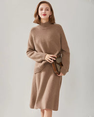 Mock Neck Cable Knit Cashmere Sweater Brown