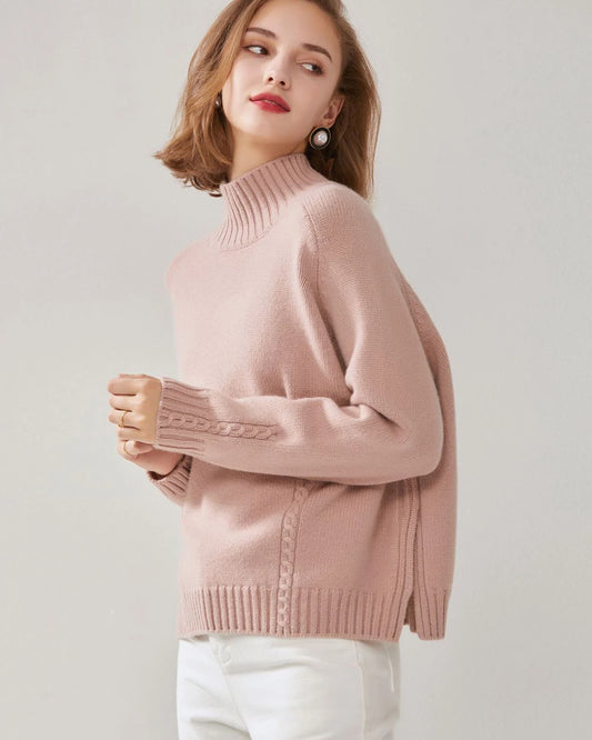 Mock Neck Cable Knit Cashmere Sweater Pink
