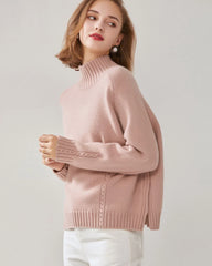 Mock Neck Cable Knit Cashmere Sweater Pink
