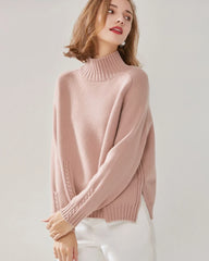 Mock Neck Cable Knit Cashmere Sweater Pink