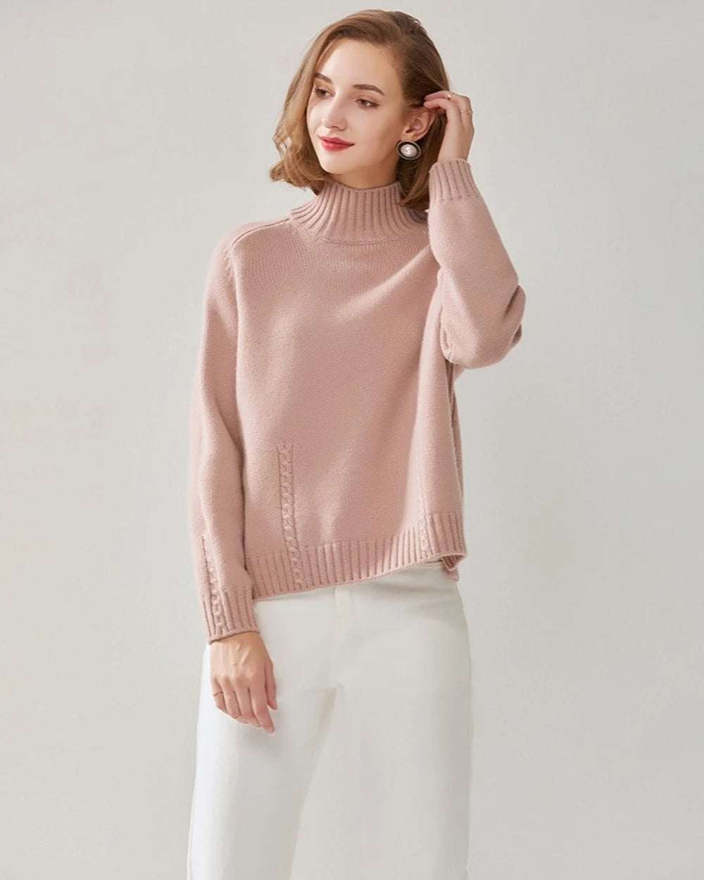 Mock Neck Cable Knit Cashmere Sweater Pink