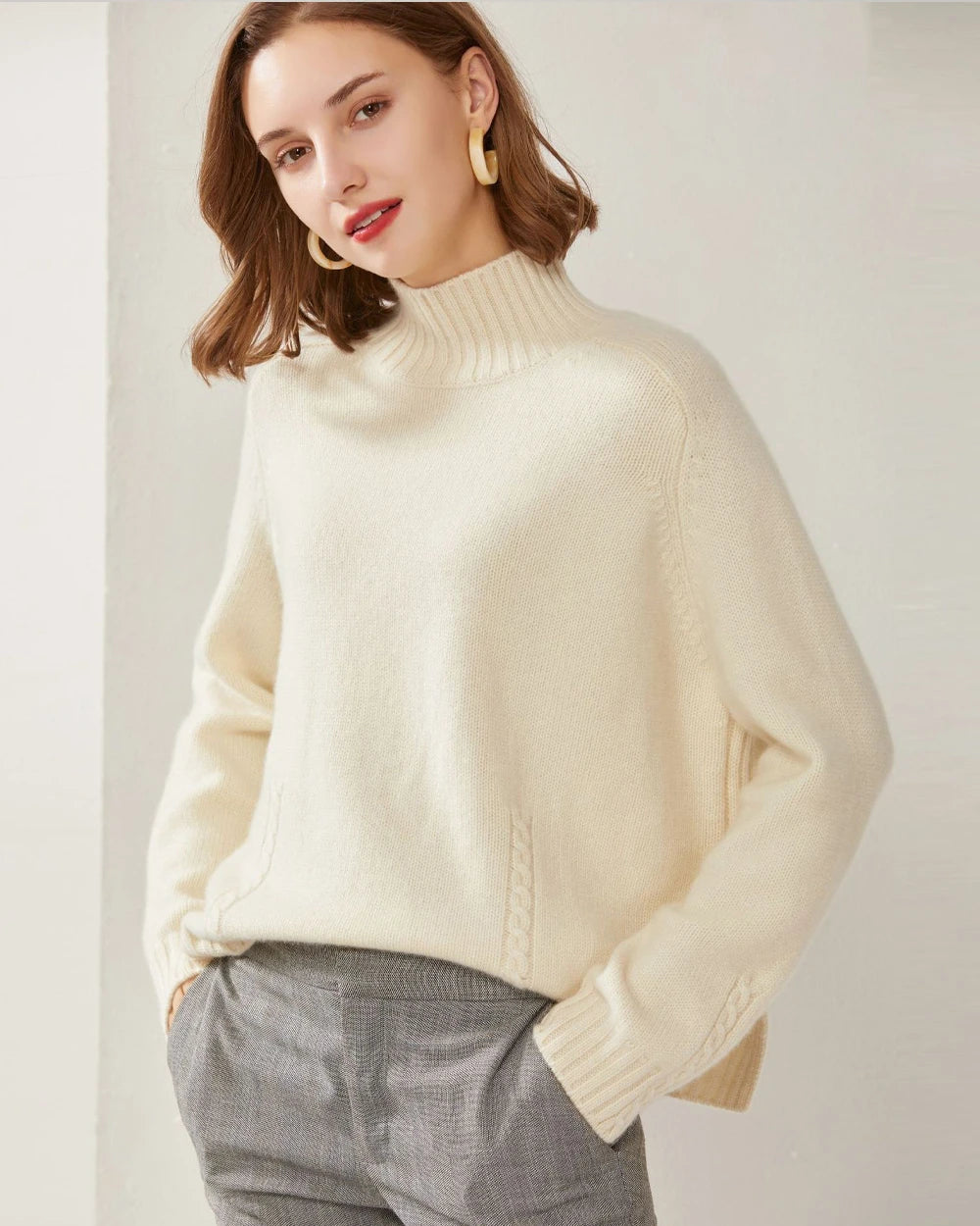Mock Neck Cable Knit Cashmere Sweater White