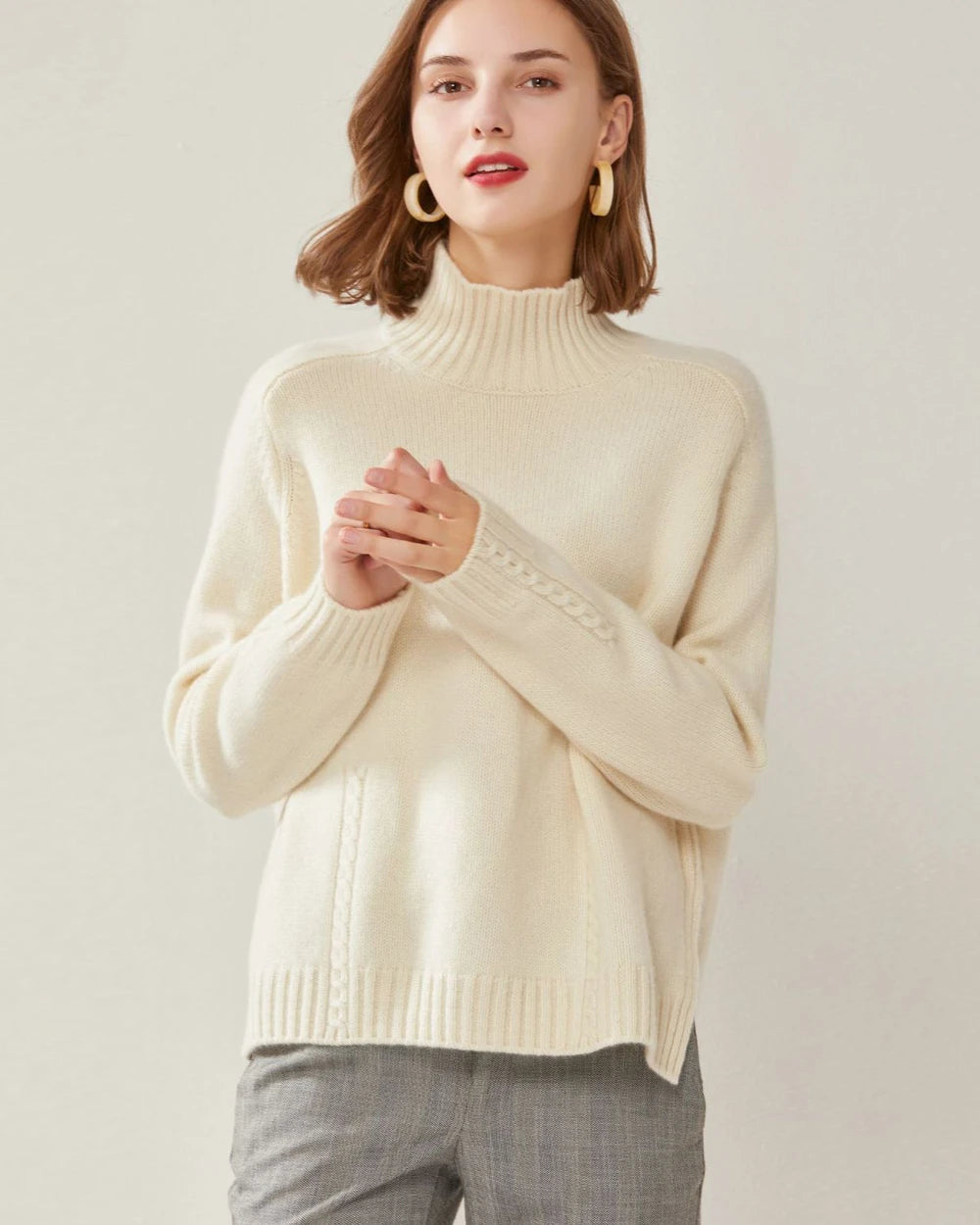 Mock Neck Cable Knit Cashmere Sweater White