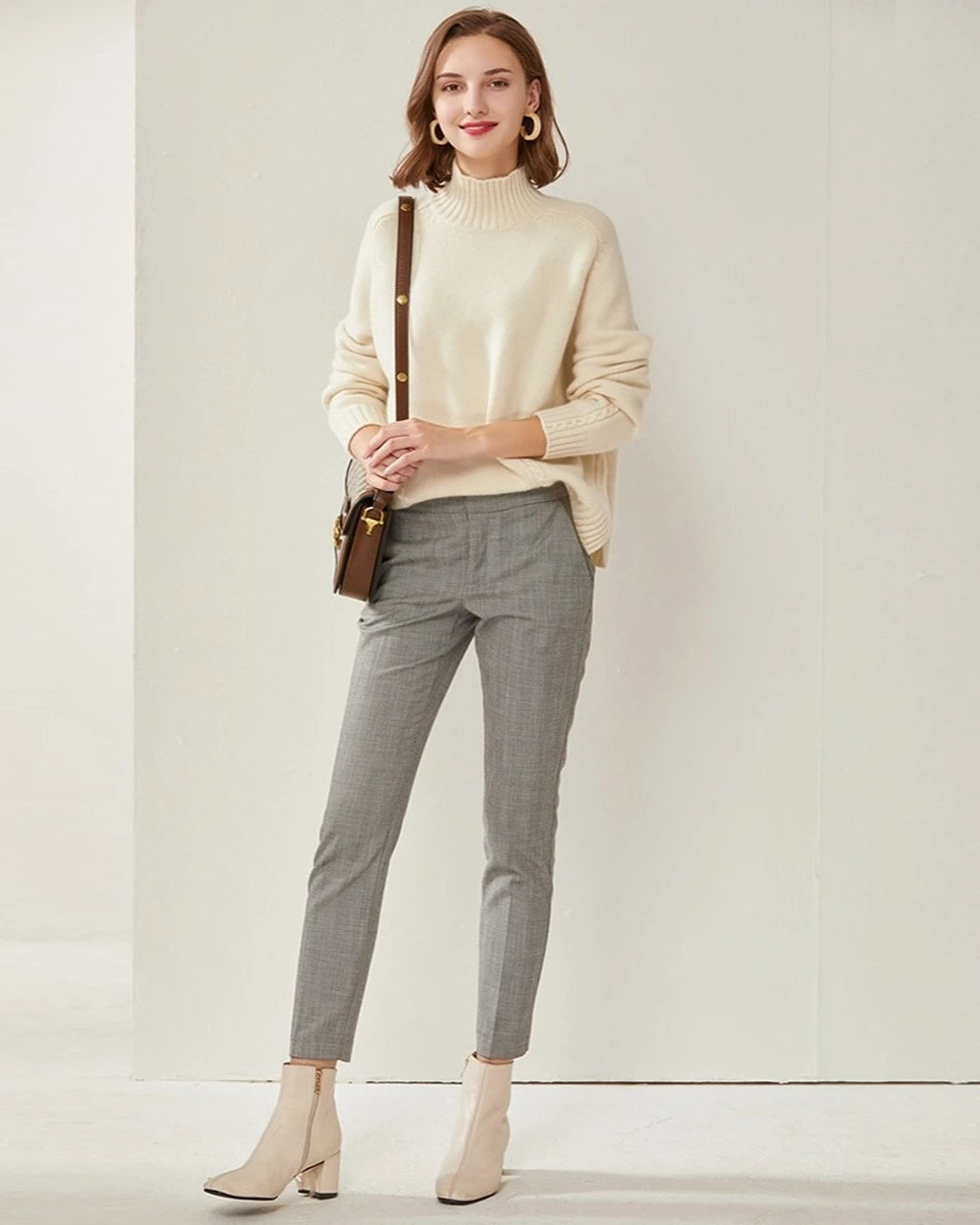 Mock Neck Cable Knit Cashmere Sweater White