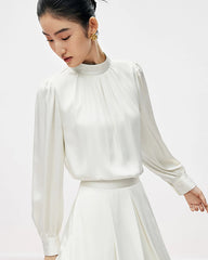 Mock Neck Pleated Silk Blouse