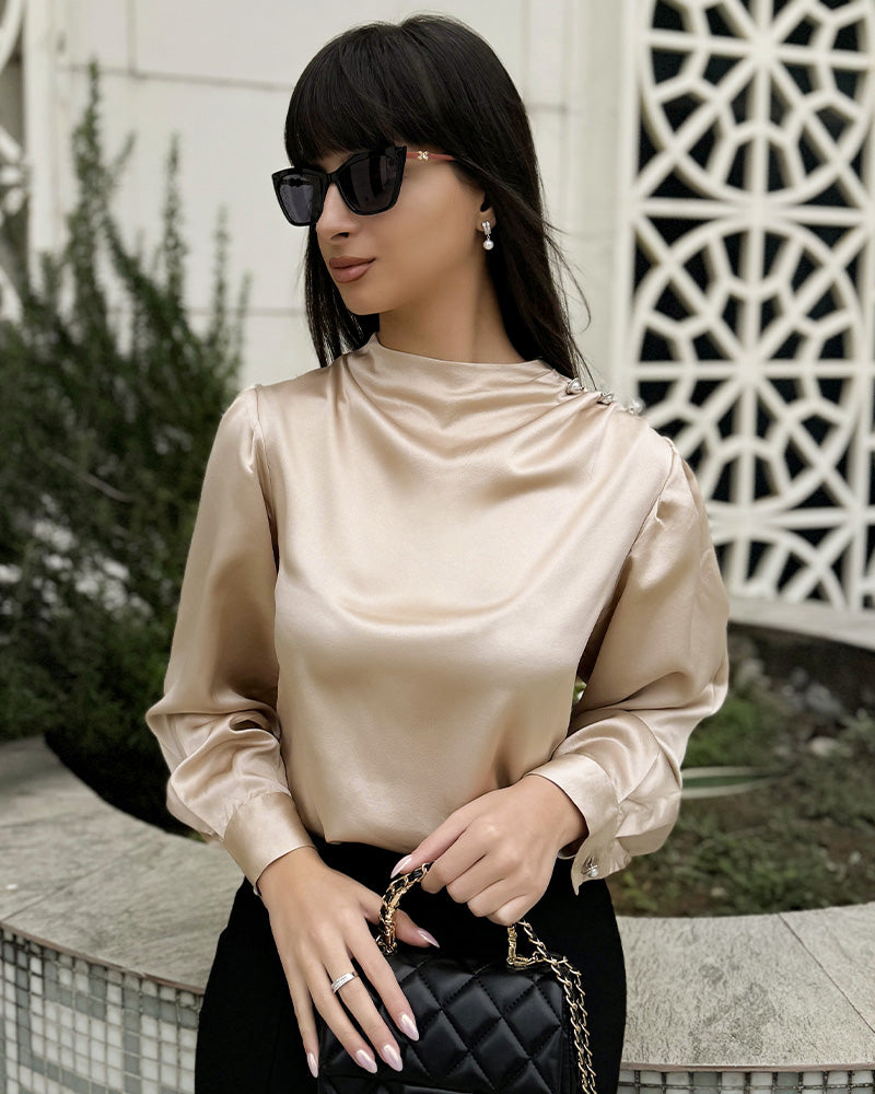 Mock Neck Silk Blouse with Pearl Button Champagne