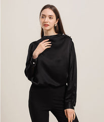 Mock Neck Silk Blouse with Pearl Button Black