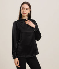 Mock Neck Silk Blouse with Pearl Button Black