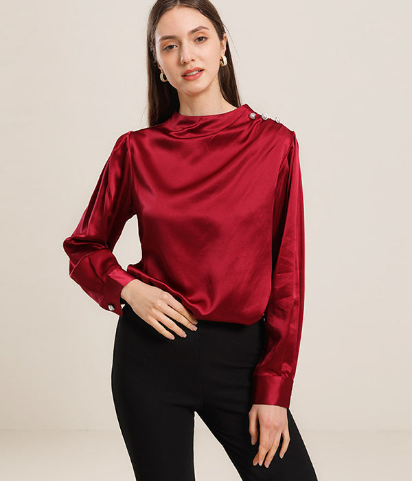 Mock Neck Silk Blouse with Pearl Button Burgundy