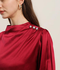 Mock Neck Silk Blouse with Pearl Button Burgundy