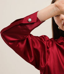 Mock Neck Silk Blouse with Pearl Button Burgundy