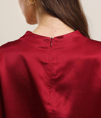 Mock Neck Silk Blouse with Pearl Button Burgundy