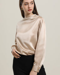 Mock Neck Silk Blouse with Pearl Button Champagne