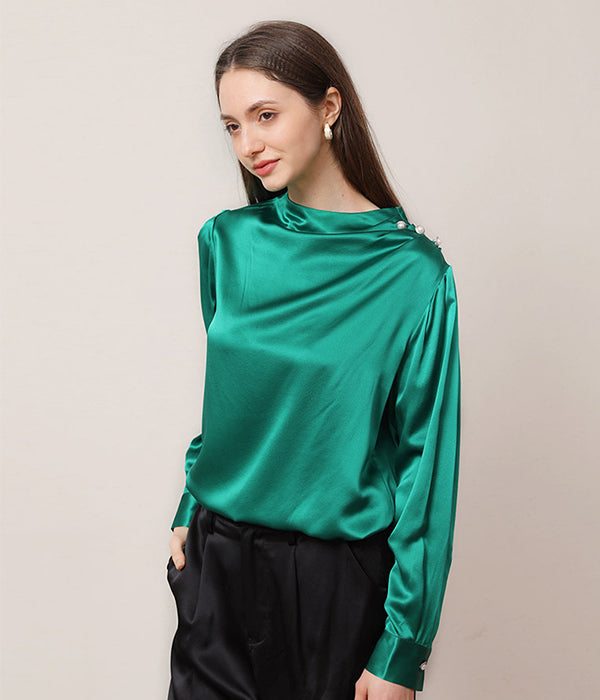 Mock Neck Silk Blouse with Pearl Button Dark Green
