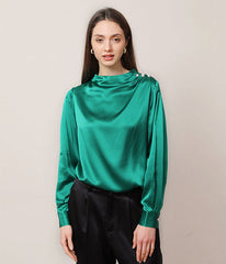 Mock Neck Silk Blouse with Pearl Button Dark Green