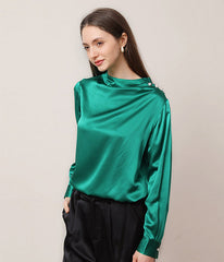 Mock Neck Silk Blouse with Pearl Button Dark Green