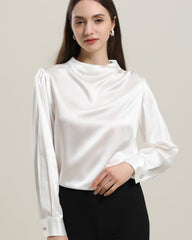 Mock Neck Silk Blouse with Pearl Button Ivory