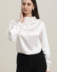 Mock Neck Silk Blouse with Pearl Button Ivory