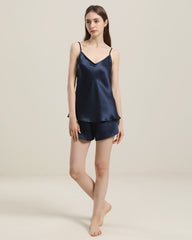 Simple Short Camisole Silk Pajama Set Navy