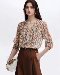 Daisy Floral Ruffle Silk Blouse