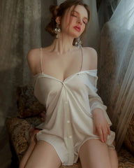 Off Shoulder Crystal Straps Silk Shirt Nightgown White
