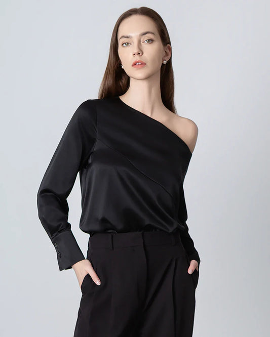 One Shoulder Long Sleeve Silk Blouse Black