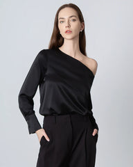 One Shoulder Long Sleeve Silk Blouse Black